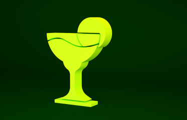 Yellow Margarita cocktail glass with lime icon isolated on green background. Minimalism concept. 3d illustration 3D render.