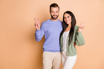 Photo of optimistic brunette nice couple show v-sign wear sweater isolated on beige color background