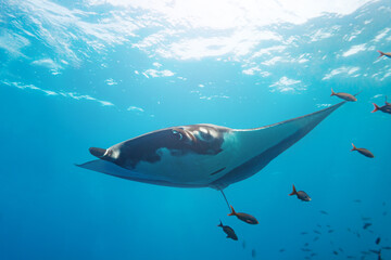 Bright underwater photo of the big manta ray swim towards camera