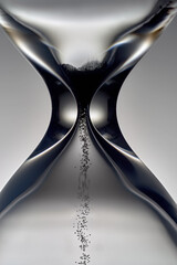 Hourglass with pouring dark sand. The last grains of sand.