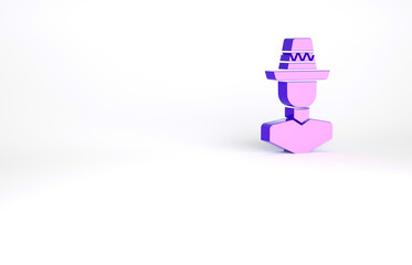 Purple Mexican man wearing sombrero icon isolated on white background. Hispanic man with a mustache. Minimalism concept. 3d illustration 3D render.