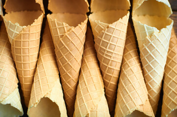 Lots of ice cream cones. Background from ice cream cones.