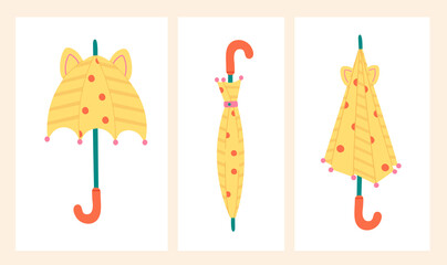 Three Stages of Opening, Closing  the Umbrella. Cute Kid's Yellow Polka Dots Umbrella with Ears.Seasonal Accessory to Protect from the Rain. Vector Flat Hand Drawn Illustration.