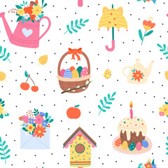 Vector Seamless Pattern with Cute Hand Drawn Spring Elements. Ornament with Garden Tools, Decorative Easter Objects in Flat style. Illustration for Print, Design, Wrapping Paper, Wallpaper,Textile. © Яна Зиновкина