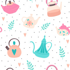 Vector Seamless Pattern with Cute Teapot and Kettle.Ceremony Flat Tools for Brewing,Cooking Drink.Ornament of Hand Drawn Kitchen Appliance,Utensils for Print,Design,Wrapping Paper,Wallpaper,Textile.