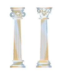 Two Ancient Roman or Greek column set. Decorative architecture elements for temple, cathedral, museum or building vector illustration. Antique sculpture on white background