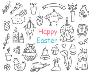 Set of Doodle Easter Elements.  Line and Outline Spring Collection in Sketch style.Hand drawn Religion Christian Objects. Vector illustration for design, graphic, web. 