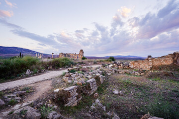 Fototapeta na wymiar Beautiful sunset lanscape. The ancient antigue roman city Volubilis in Morocco, Africa.