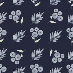 Seamless floral pattern. Blue twigs, leaves, foliage and little circles on a white