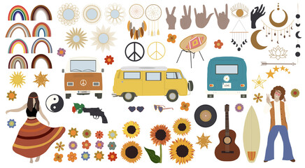 Hippie big set. Vintage vector illustration.
