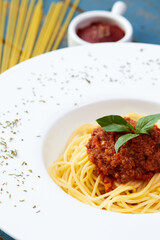 Spaghetti Bolognese with Parmesan Cheese and Basil
