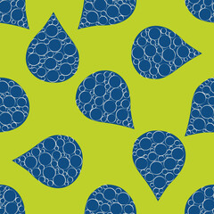 Abstract water drop and bubble vector seamless pattern background. Navy blue and green backdrop with large rain drops containing small bubbles. Eco wellness concept repeat all over print for summer