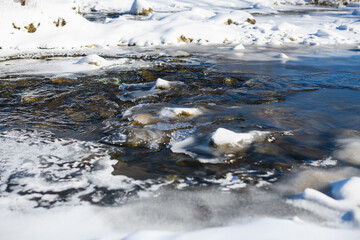 Close up frozen water stream at winter