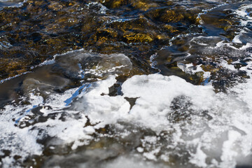 Close up frozen water stream at winter