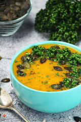 A bowl with home-made pumpkin soup