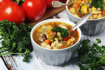 Bowls with Italian soup minestrone