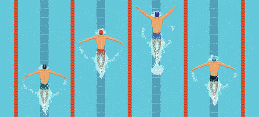 Swimmers top view. men swim butterfly style in the swimming pool. Sports competition. View from above. Vector flat design illustration.