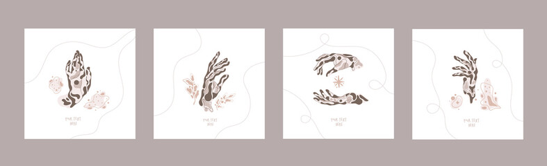 A set of female hand in a minimal linear style. Vector logo design card with different hand gestures,stars and Crystal. For cosmetics, beauty, tattoo, Spa, manicure, jewelry store.Space galaxy