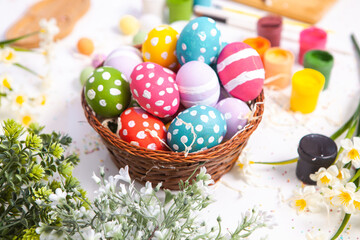 Hand painted pastel colored Easter eggs background. Happy Easter greeting card or invitation.