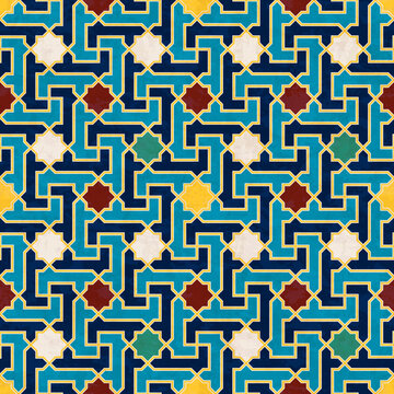 Abstract geometric mosaic pattern, marbled tiles in Moroccan style, textured seamless vector illustration