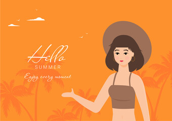 Summer holidays vector illustration with girl,flat design beach