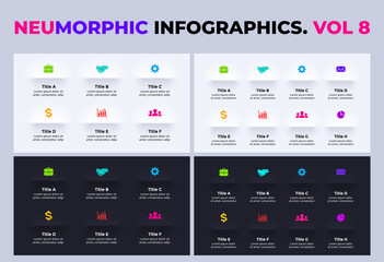 Neumorphic Vector Infographic. Presentation slide template. 6, 8 steps. Light and dark. Neumorphism ui design. Clean minimal flat style. 