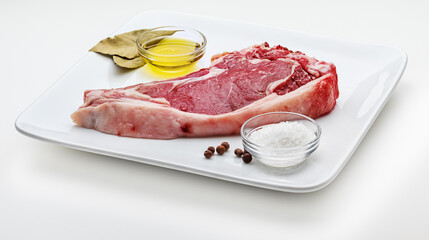 Raw red beef cutlet (beef, heifer, veal) on a plate with salt, pepper and oil. Isolated on white background.