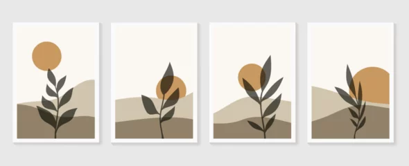 Mountain and Botanical wall art vector set. Earth tones landscapes wallpaper. Oasis Tropical backgrounds collection with mountain, sand, palm,Twigs leaf, moon or sun. Vector illustration. © TWINS DESIGN STUDIO