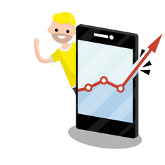 Young man and huge phone with business growth graph. Blogger and statistics of subscribers and views. red arrow breaks border and frames. Cartoon flat illustration. Guy and online business