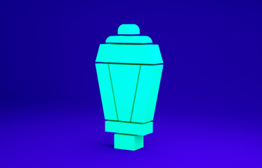 Green Garden light lamp icon isolated on blue background. Solar powered lamp. Lantern. Street lamp. Minimalism concept. 3d illustration 3D render.