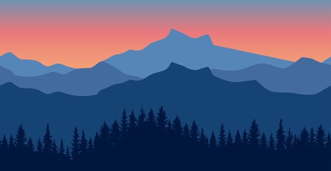 Seamless wallpaper of beautiful nature. Silhouette of dark blue forest on background of mountains Vector illustration.