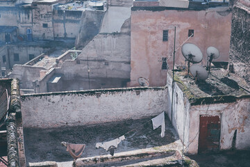 View of Fez City from the roof top terrace. Fes el Bali Medina, Morocco, Africa.