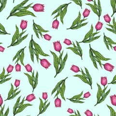 Seamless pattern. Pink tulips on a blue background. Painting with watercolors and ink. Illustration for the decor and design of posters, postcards, prints, stickers, invitations, textiles.