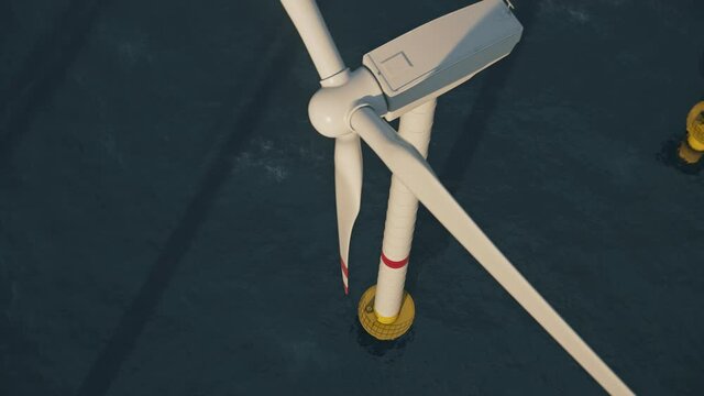Camera moves along a row of offshore wind turbines in the sea. Seamless looping animation. Aerial view. Green and renewable energy concept. Realistic high quality 3d animation. 