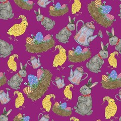 Seamless pattern. Easter bunny, eggs, nest and chickens. Cute illustration for the decor and design of posters, postcards, prints, stickers, invitations, textiles and stationery.