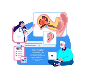 Online Audiologist ENT-Doctor Consultate Old Pensioner Man Patient.Deaf-Aid,Aerophone,Otitic Hearing Aid,Digital Eardrum Treatment.ORL Clinic. Internet Medical Hospital Diagnostics.Vector Illustration