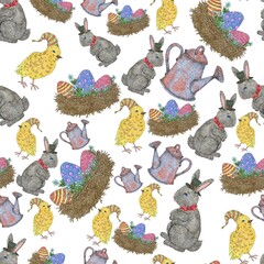 Seamless pattern. Easter bunny, eggs, nest and chickens. Cute illustration for the decor and design of posters, postcards, prints, stickers, invitations, textiles and stationery.