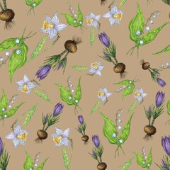 Seamless pattern. Spring flowers and plants. Illustration for the decor and design of posters, postcards, prints, stickers, invitations, textiles and stationery.