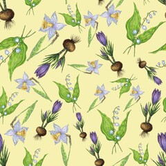 Seamless pattern. Spring flowers and plants. Illustration for the decor and design of posters, postcards, prints, stickers, invitations, textiles and stationery.
