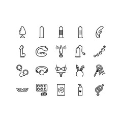 Sex shop line icons set. Adult toys, dildo, bdsm handcuffs, vibrator vector illustrations. Outline pictogram for sexshop, website, flyers and advertising. Editable Strokes