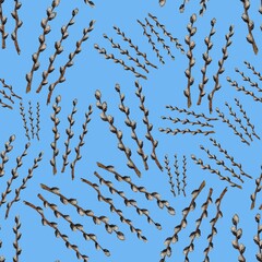 Willow branches. Easter. Seamless pattern. Cute illustration for the decor and design of posters, postcards, prints, stickers, invitations, textiles and stationery.