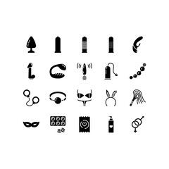 Sex shop line icons set. Adult toys, dildo, bdsm handcuffs, vibrator vector illustrations. Outline pictogram for sexshop, website, flyers and advertising