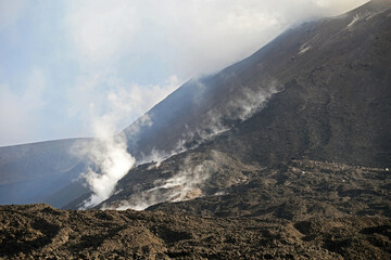 Mount Etna summit crater with active volcanic activity before eruption, Etna summit and crater trek hiking tour concept, Sicily, Italy