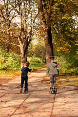 Fototapeta premium Against the background of an autumn park, one boy is rollerblading, the other is riding a scooter.