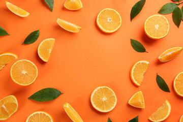 Frame of delicious orange slices on color background, flat lay. Space for text