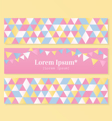 Cute colorful decorative banners set. Sweet pink background with festive flag garland party design concept. Seamless abstract geometry background pattern template. Light pastel pink, blue, yellow col.