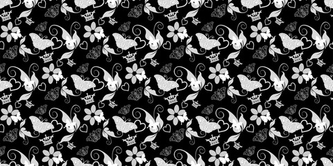 Vector abstract seamless pattern with flowers, butterflies in retro style wallpaper texture background