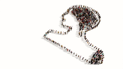 Concept or conceptual large gathering  of people forming an image of a human brain on white background.  A 3d illustration metaphor for science, intelligence, anatomy, neurology, brainstorming