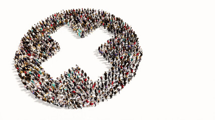 Concept or conceptual large gathering  of people forming a cross sign on white backround. A 3d illustration metaphor for medical care, assistance, emergency, doctor, pharmacy or  hospital