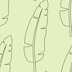 Seamless vector green leaves pattern. Thin line botanical illustration background. Stylish trendy plant organic nature wallpaper. Tropical pattern